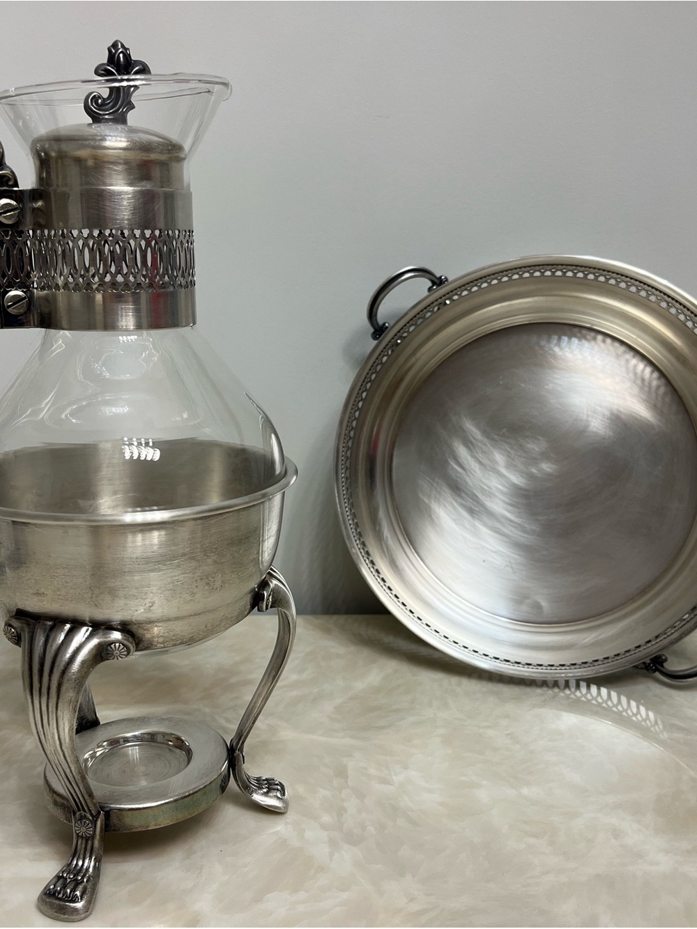 Vintage SILVER Plate F.B Rogers Corning heatproof Glass Carafe w Stand & Tray
